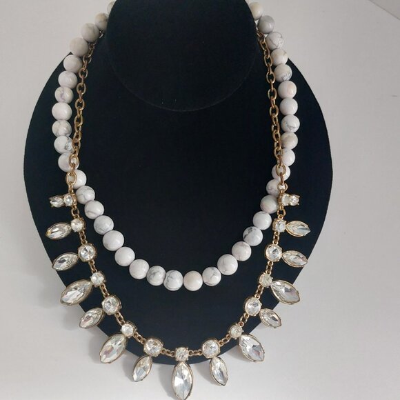 Anthropologie Necklace Boho Chic Double Strand Natural Stone Gold Rhinestones - Picture 10 of 11